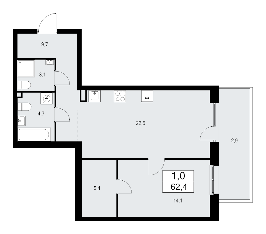 4-комнатная (Евро) квартира, 62.4 м² в ЖК "А101 Лаголово" - планировка, фото №1