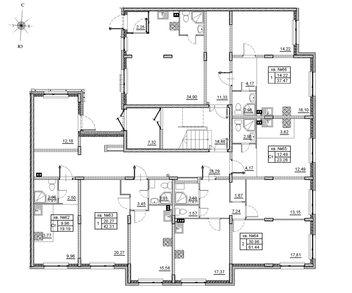2-комнатная (Евро) квартира, 37.7 м² в ЖК "Верево Сити" - планировка этажа