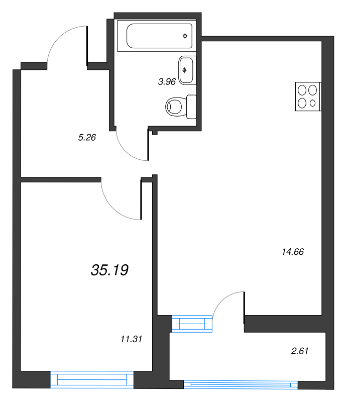 2-комнатная (Евро) квартира, 35.19 м² в ЖК "Мурино Space" - планировка, фото №1