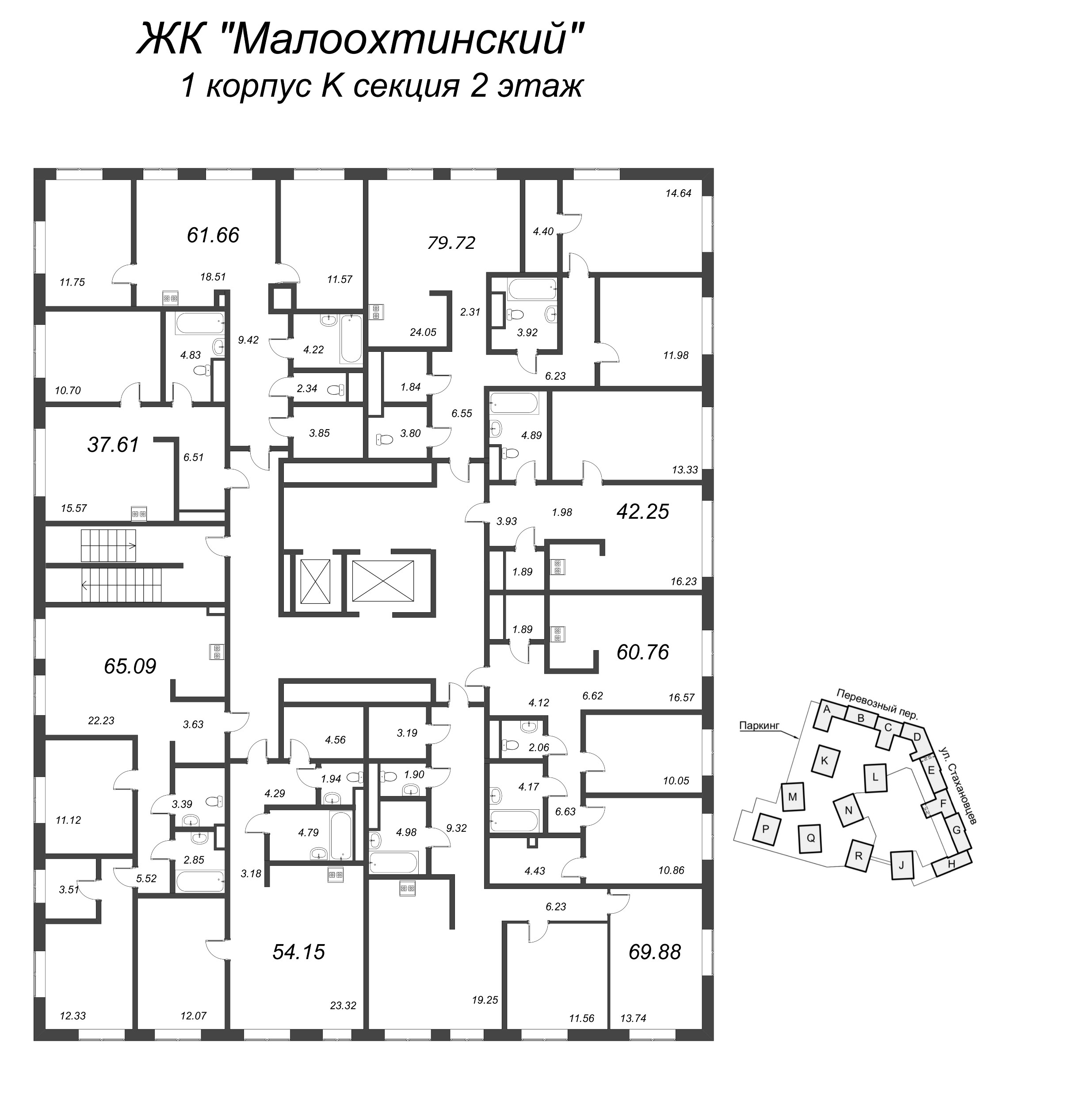 3-комнатная (Евро) квартира, 73.3 м² в ЖК "Малоохтинский, 68" - планировка этажа