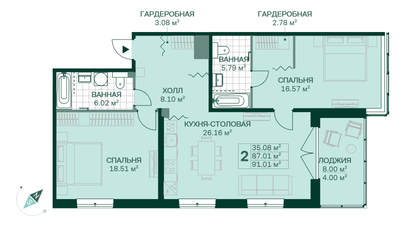 3-комнатная (Евро) квартира, 91.01 м² в ЖК "Magnifika Residence" - планировка, фото №1