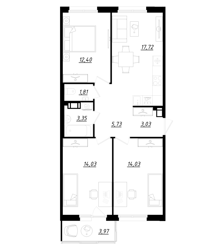 4-комнатная (Евро) квартира, 73.3 м² в ЖК "Счастье 2.0" - планировка, фото №1