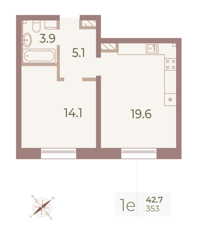2-комнатная (Евро) квартира, 42.5 м² в ЖК "Neva Haus" - планировка, фото №1