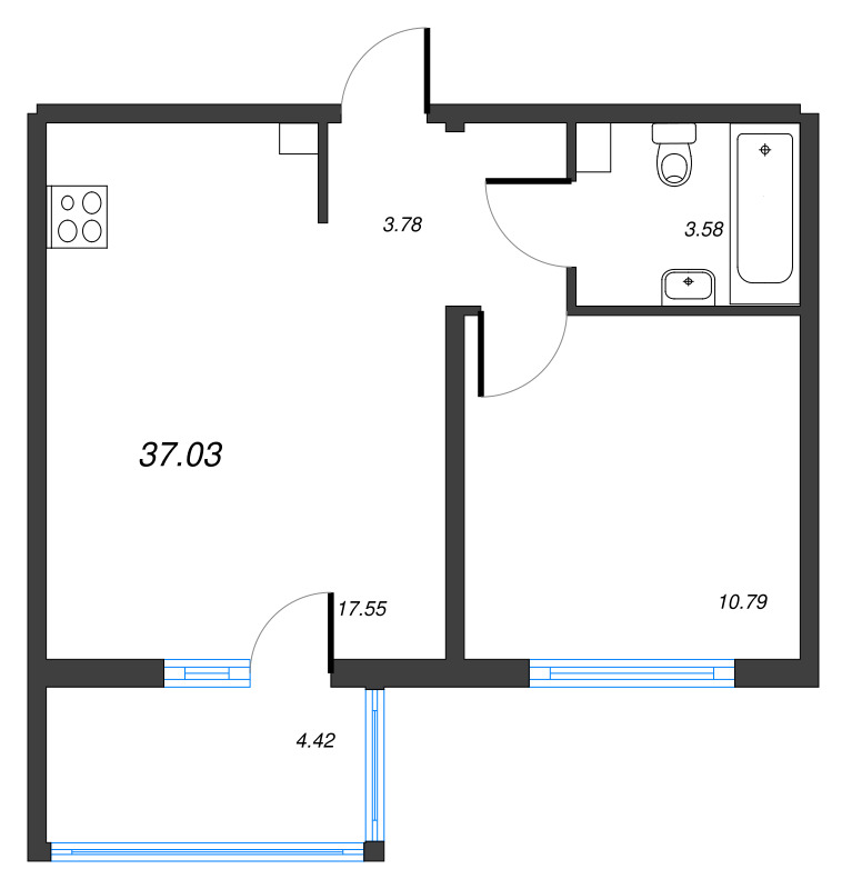 2-комнатная (Евро) квартира, 37.03 м² в ЖК "ЛесArt" - планировка, фото №1