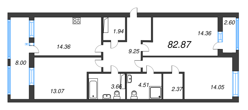 3-комнатная квартира, 82.87 м² в ЖК "Cube" - планировка, фото №1