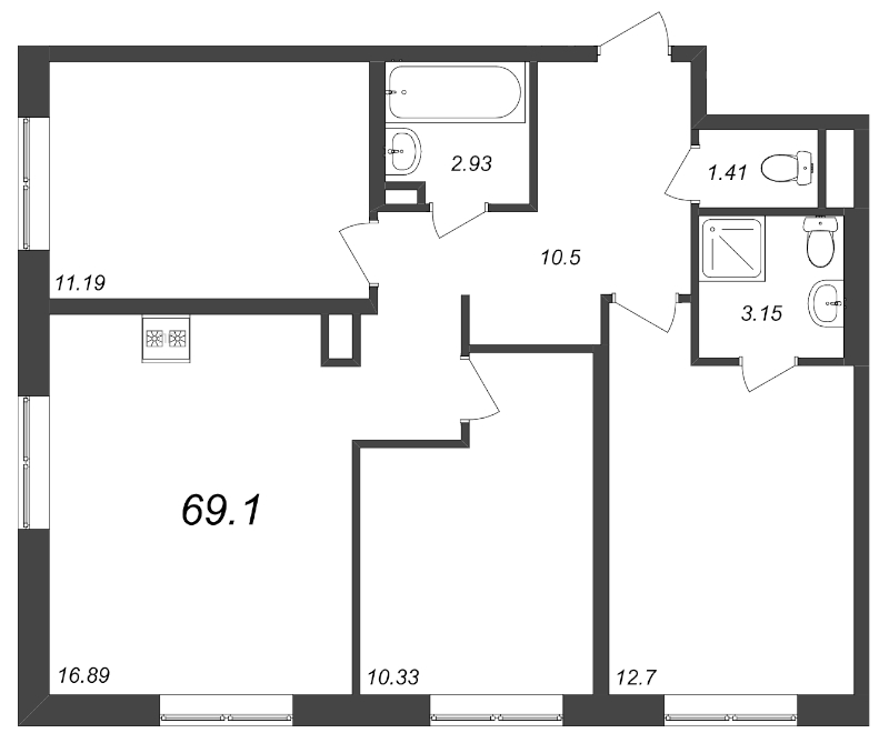 4-комнатная (Евро) квартира, 68.74 м² в ЖК "Zoom на Неве" - планировка, фото №1