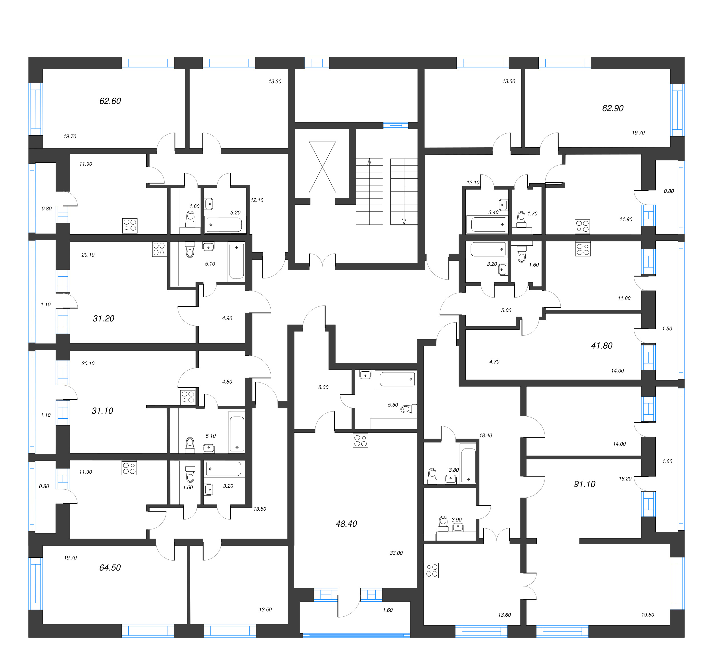 3-комнатная квартира, 91.1 м² в ЖК "Эко Квартал Гармония" - планировка этажа