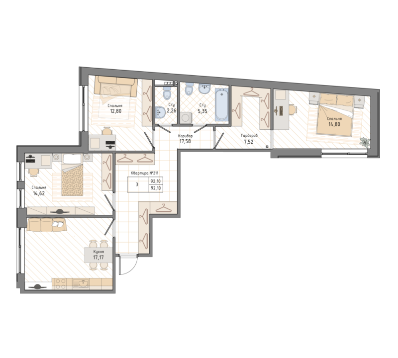 3-комнатная квартира, 92.9 м² в ЖК "Мануфактура James Beck" - планировка, фото №1
