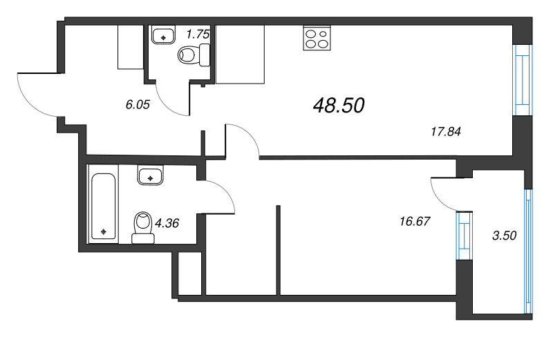 1-комнатная квартира, 48.5 м² в ЖК "OKLA" - планировка, фото №1