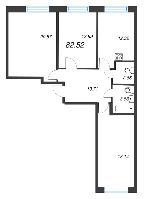 3-комнатная квартира, 82.52 м² в ЖК "OKLA" - планировка, фото №1