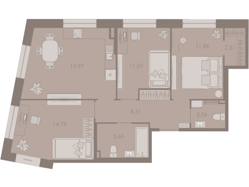 4-комнатная (Евро) квартира, 77.2 м² в ЖК "Северная корона" - планировка, фото №1