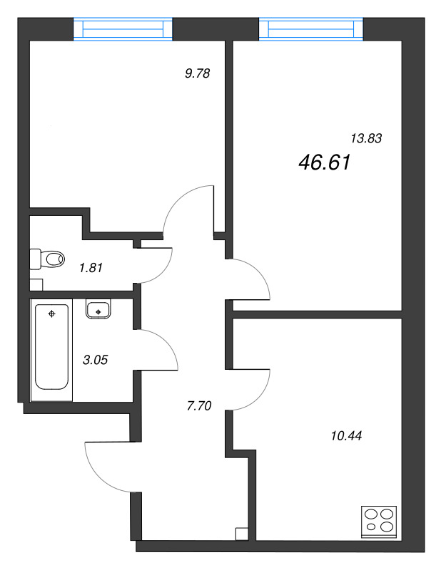 2-комнатная квартира, 46.61 м² - планировка, фото №1