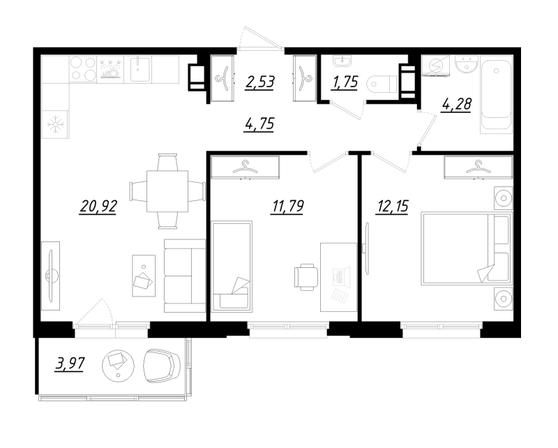 3-комнатная (Евро) квартира, 59.4 м² в ЖК "Счастье 2.0" - планировка, фото №1