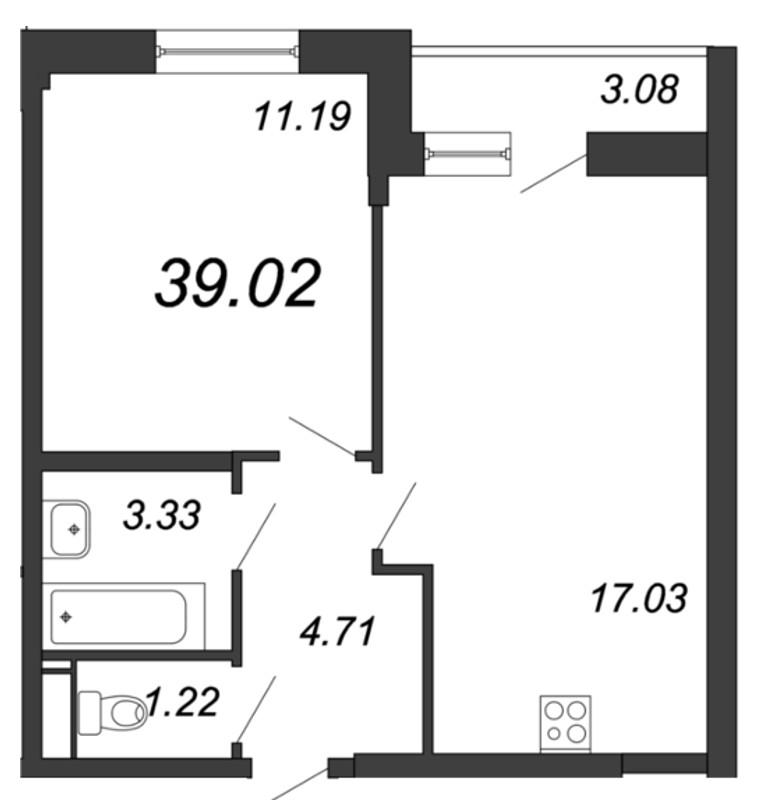 2-комнатная (Евро) квартира, 39.1 м² в ЖК "Магеллан" - планировка, фото №1