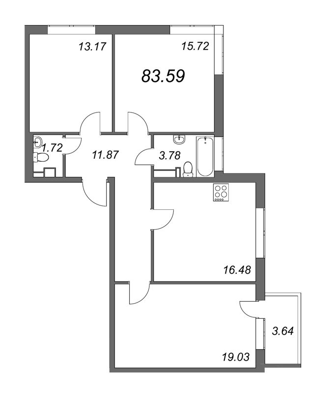 3-комнатная квартира, 84.6 м² в ЖК "Счастье 2.0" - планировка, фото №1