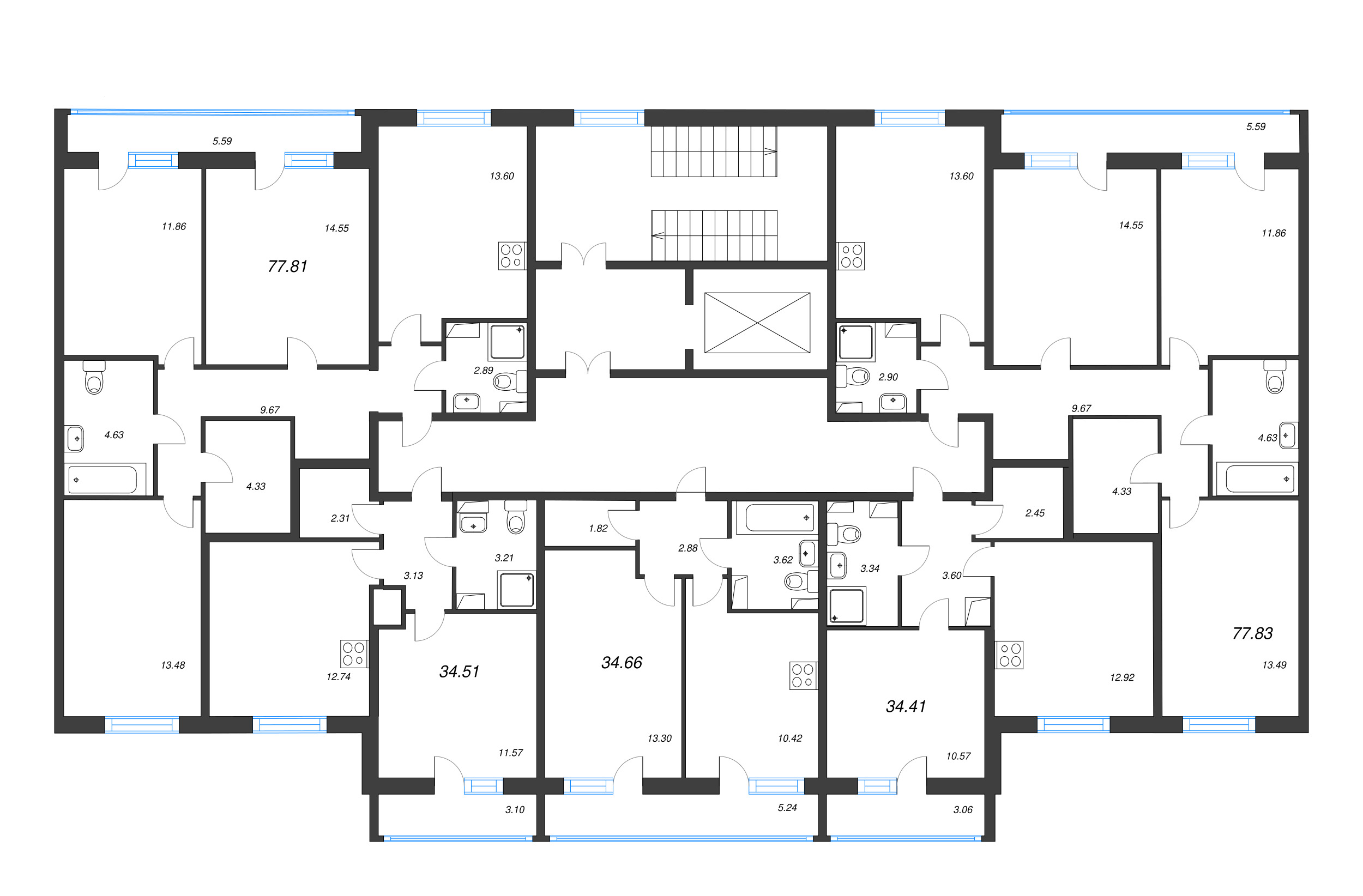 2-комнатная (Евро) квартира, 34.51 м² в ЖК "Кинопарк" - планировка этажа
