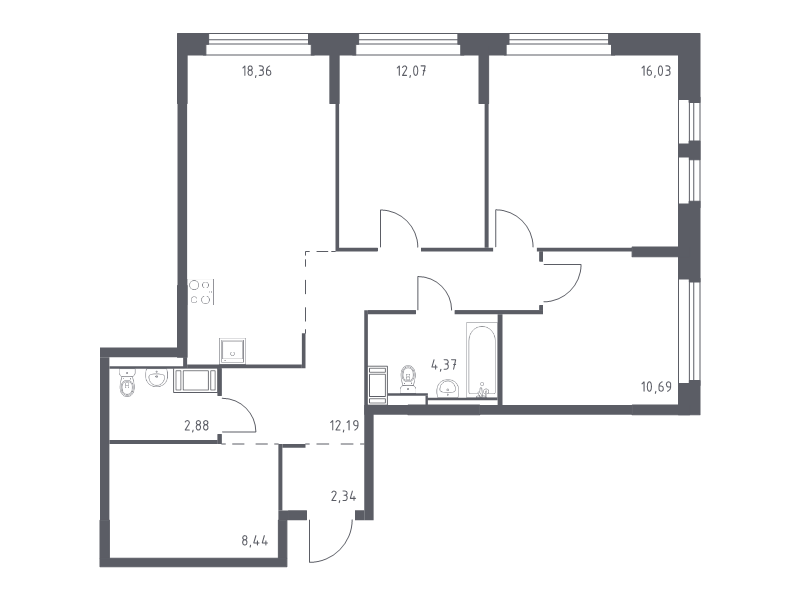4-комнатная (Евро) квартира, 87.37 м² в ЖК "Новое Колпино" - планировка, фото №1