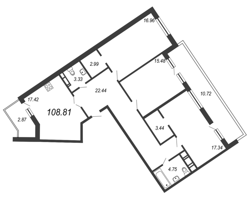 3-комнатная квартира, 108.81 м² - планировка, фото №1