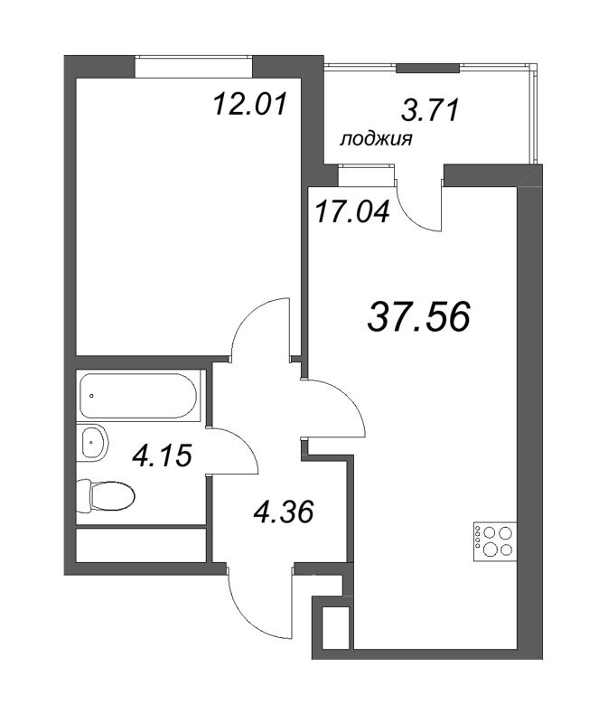 2-комнатная (Евро) квартира, 37.56 м² - планировка, фото №1
