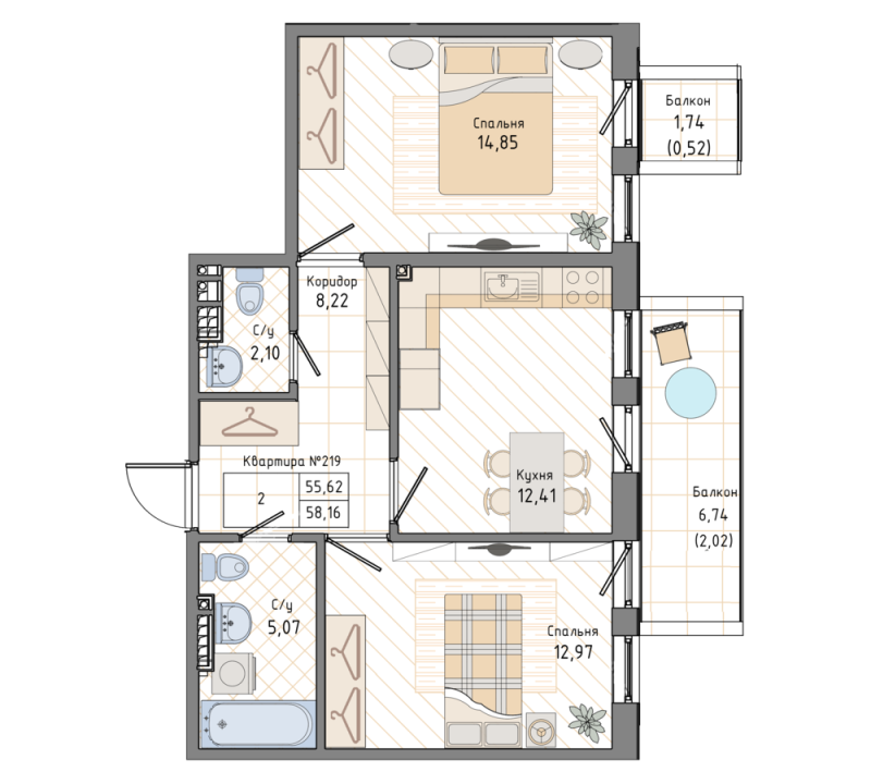 2-комнатная квартира, 58.6 м² в ЖК "Мануфактура James Beck" - планировка, фото №1