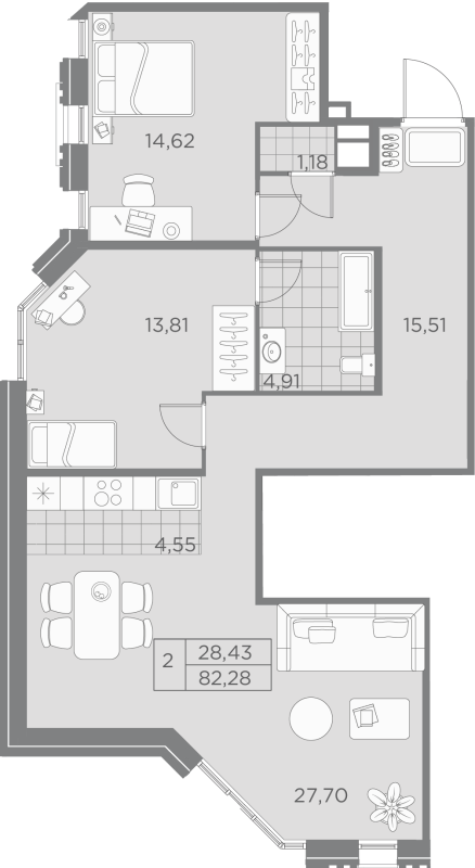 3-комнатная (Евро) квартира, 82.28 м² в ЖК "Akzent" - планировка, фото №1