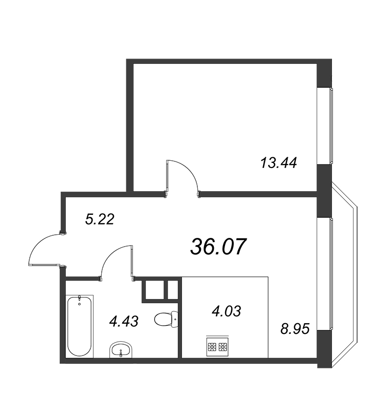 2-комнатная (Евро) квартира, 36.35 м² в ЖК "Akzent" - планировка, фото №1