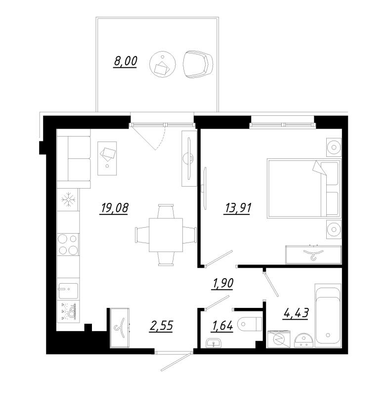 2-комнатная (Евро) квартира, 45.9 м² в ЖК "Счастье 2.0" - планировка, фото №1