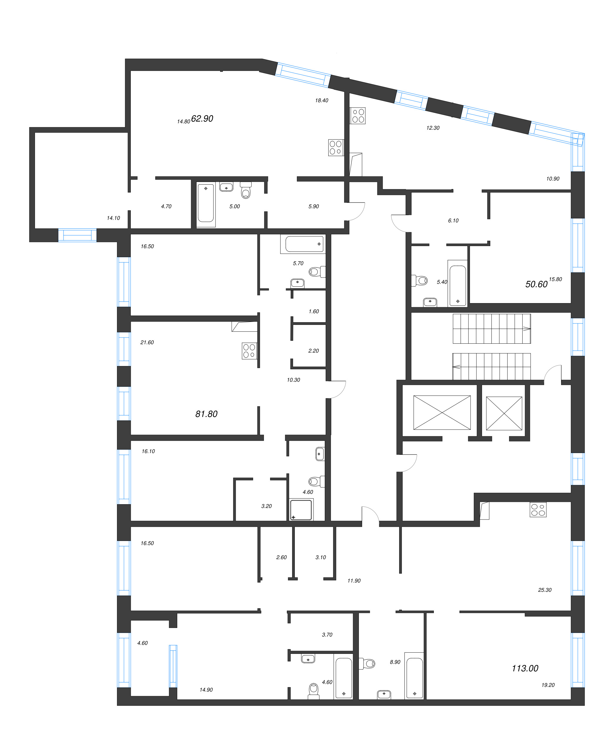 2-комнатная (Евро) квартира, 62.9 м² в ЖК "ЛДМ" - планировка этажа