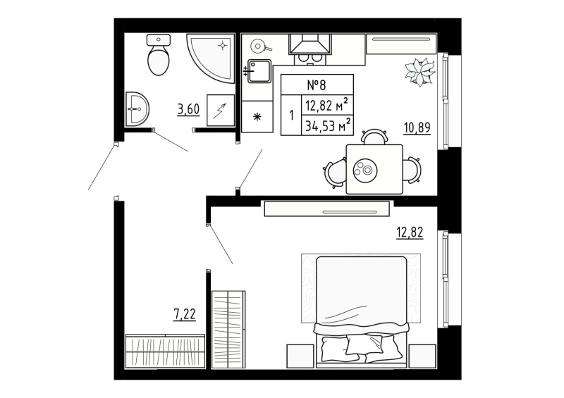 1-комнатная квартира, 34.53 м² - планировка, фото №1