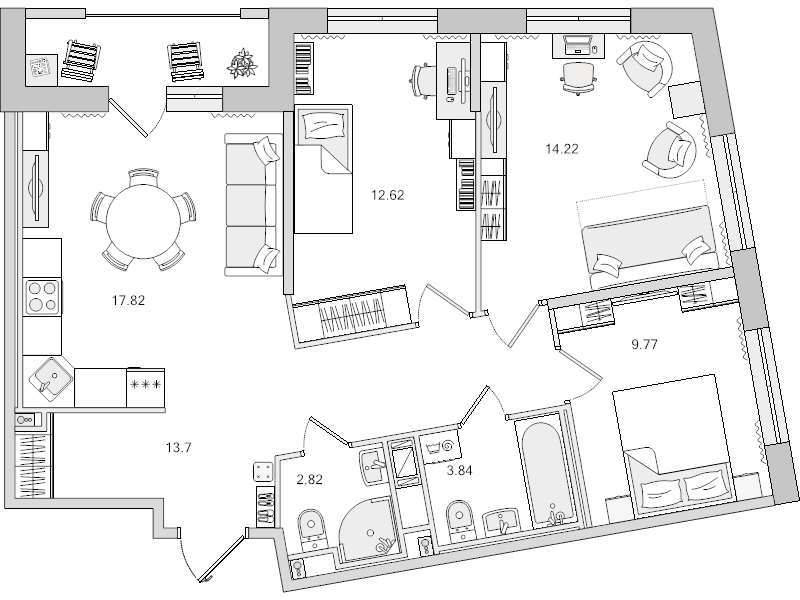 4-комнатная (Евро) квартира, 74.79 м² в ЖК "Город Первых" - планировка, фото №1
