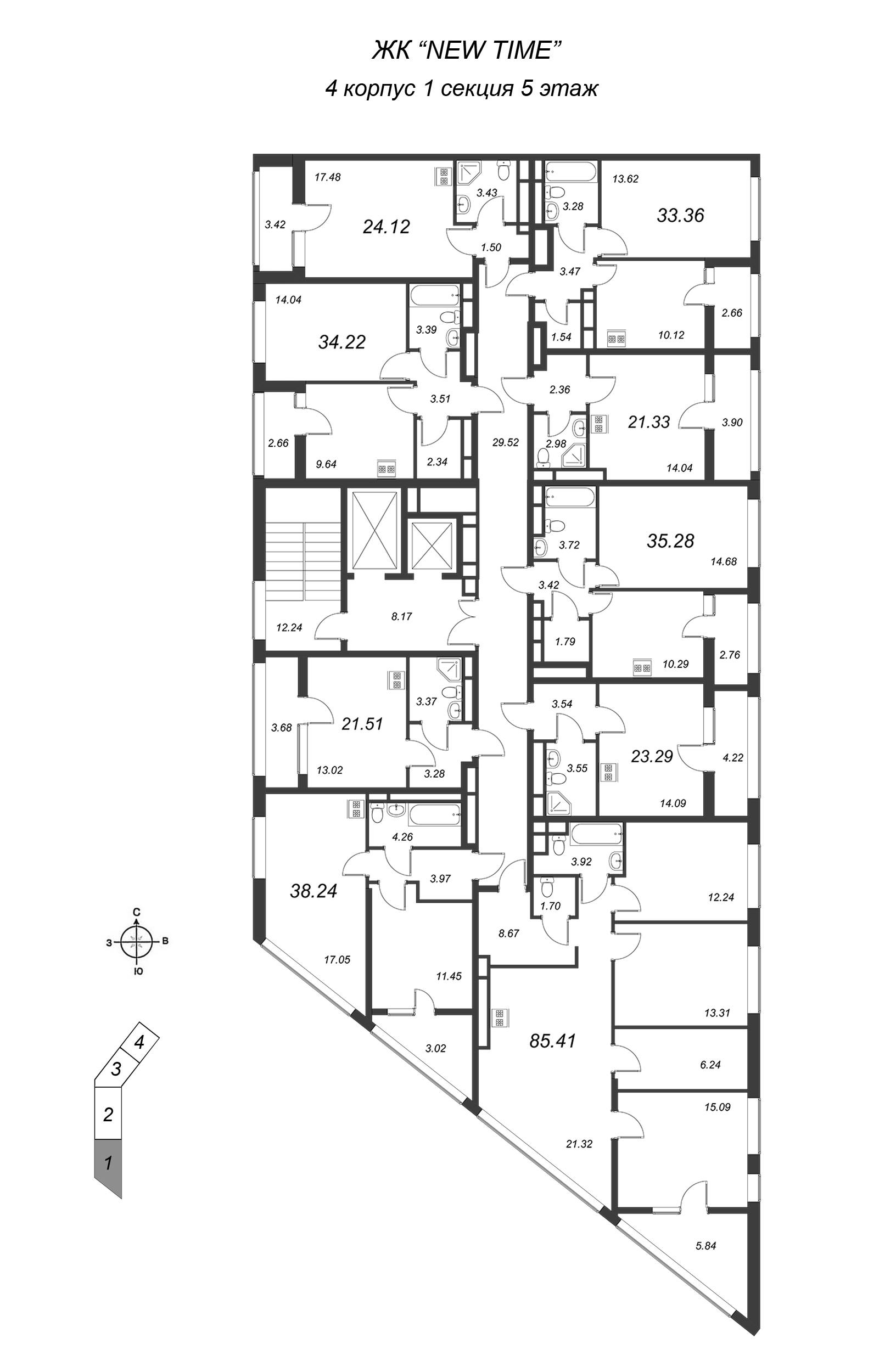 1-комнатная квартира, 39 м² в ЖК "New Time" - планировка этажа
