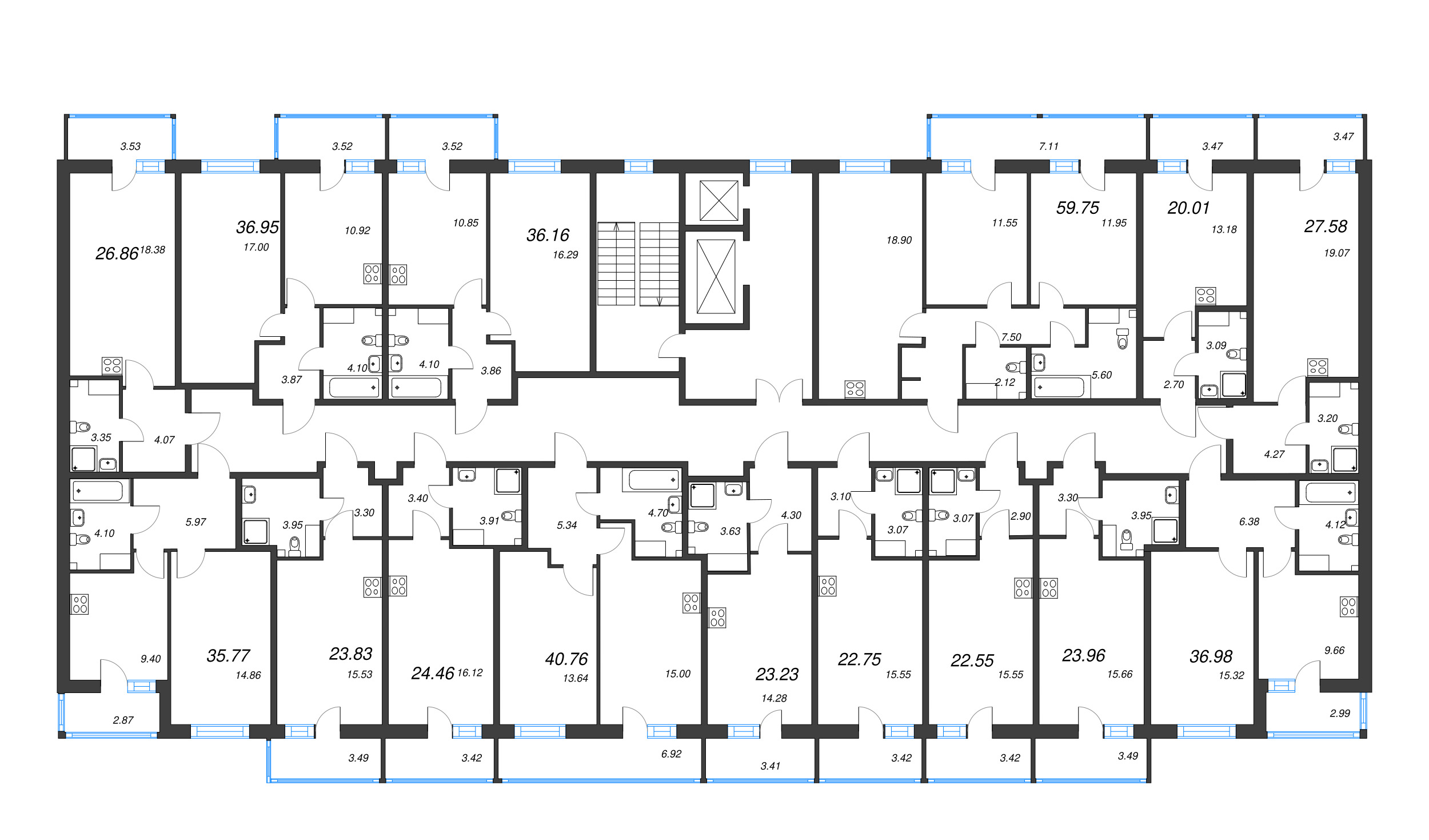 3-комнатная (Евро) квартира, 59.75 м² в ЖК "Аквилон Янино" - планировка этажа