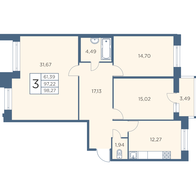 3-комнатная квартира, 98.27 м² в ЖК "Новый Лесснер" - планировка, фото №1