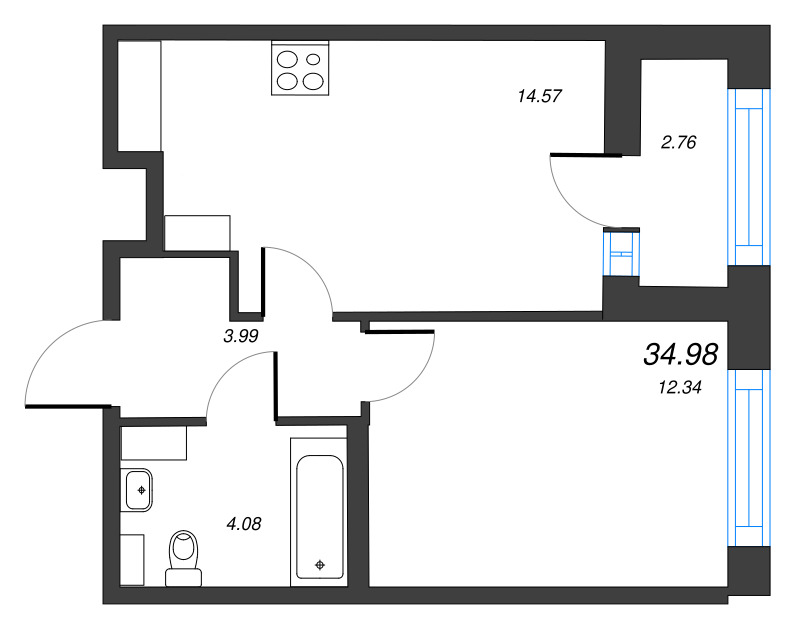 2-комнатная (Евро) квартира, 34.98 м² в ЖК "Б15" - планировка, фото №1