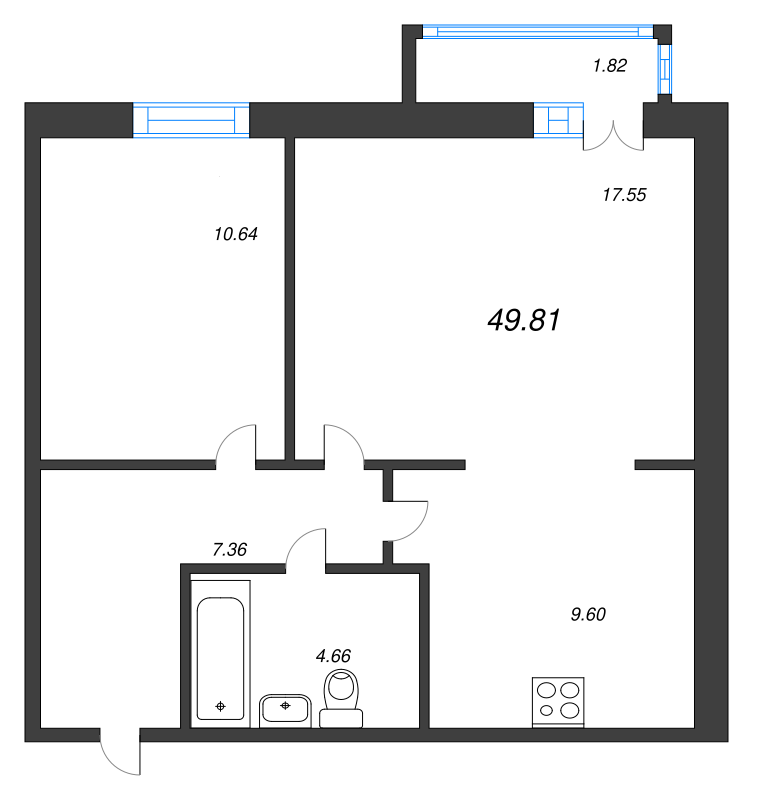 2-комнатная квартира, 50.36 м² в ЖК "iLona" - планировка, фото №1