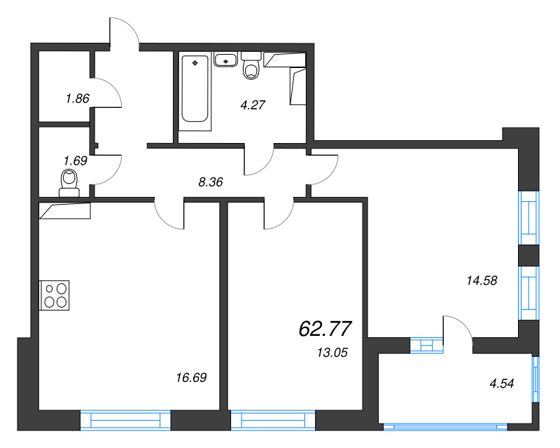 3-комнатная (Евро) квартира, 62.77 м² в ЖК "Cube" - планировка, фото №1