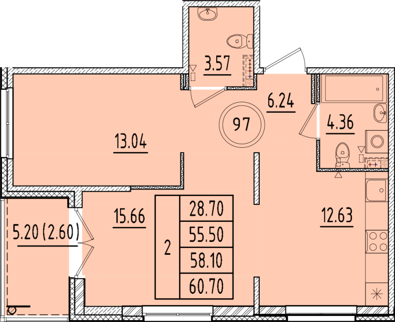 2-комнатная квартира, 55.5 м² в ЖК "Образцовый квартал 17" - планировка, фото №1