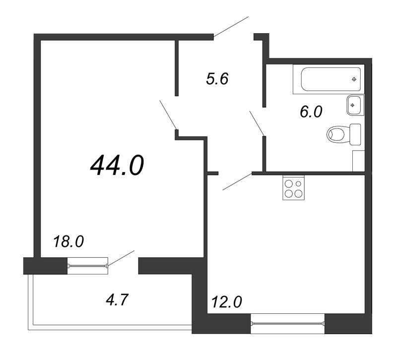 1-комнатная квартира, 44 м² в ЖК "Квартал Che" - планировка, фото №1