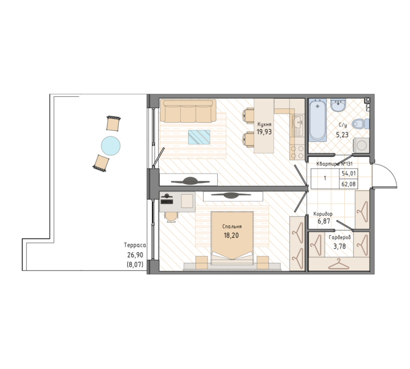 1-комнатная квартира, 62.2 м² в ЖК "Мануфактура James Beck" - планировка, фото №1