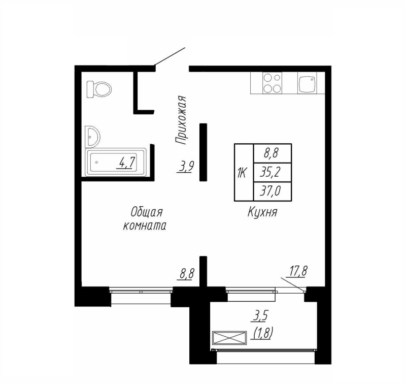 2-комнатная (Евро) квартира, 37 м² в ЖК "Сибирь" - планировка, фото №1