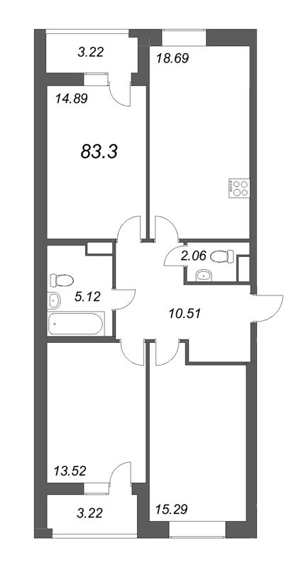 4-комнатная (Евро) квартира, 83.3 м² в ЖК "Аквилон Leaves" - планировка, фото №1