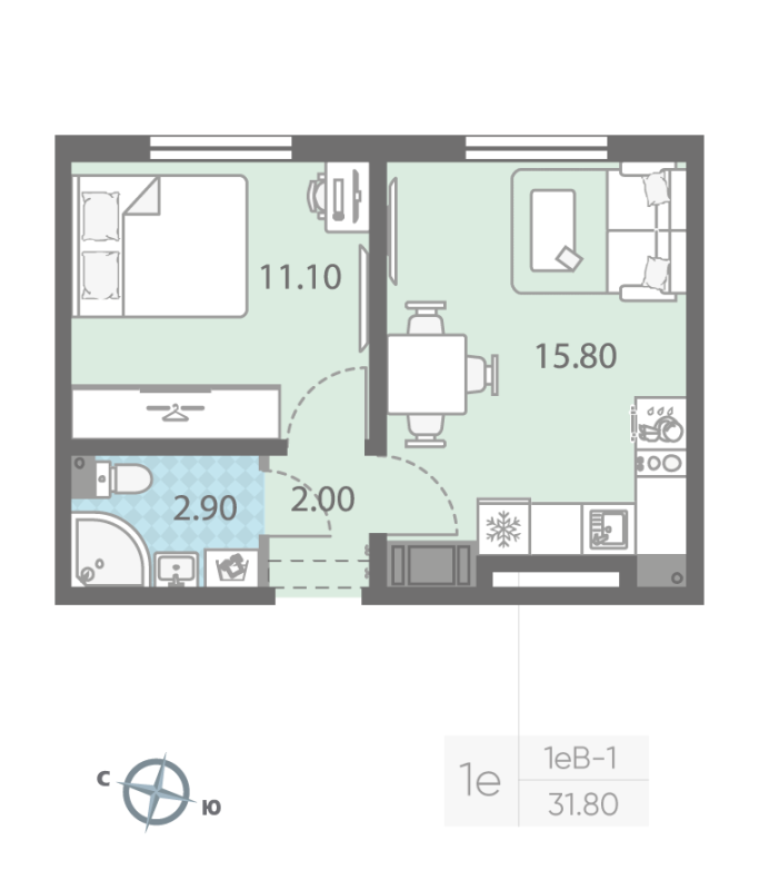 2-комнатная (Евро) квартира, 31.8 м² - планировка, фото №1