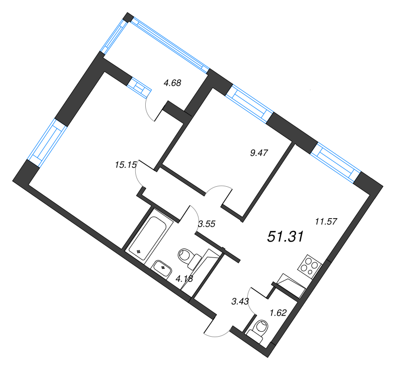 2-комнатная квартира, 53.65 м² в ЖК "Jaanila Драйв" - планировка, фото №1