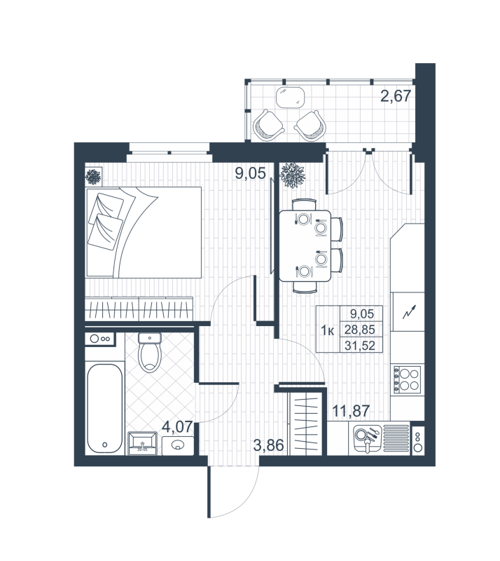 1-комнатная квартира, 30.19 м² - планировка, фото №1