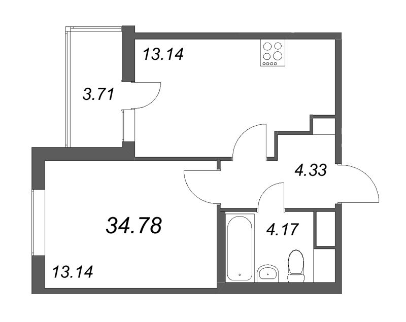 1-комнатная квартира, 34.78 м² - планировка, фото №1