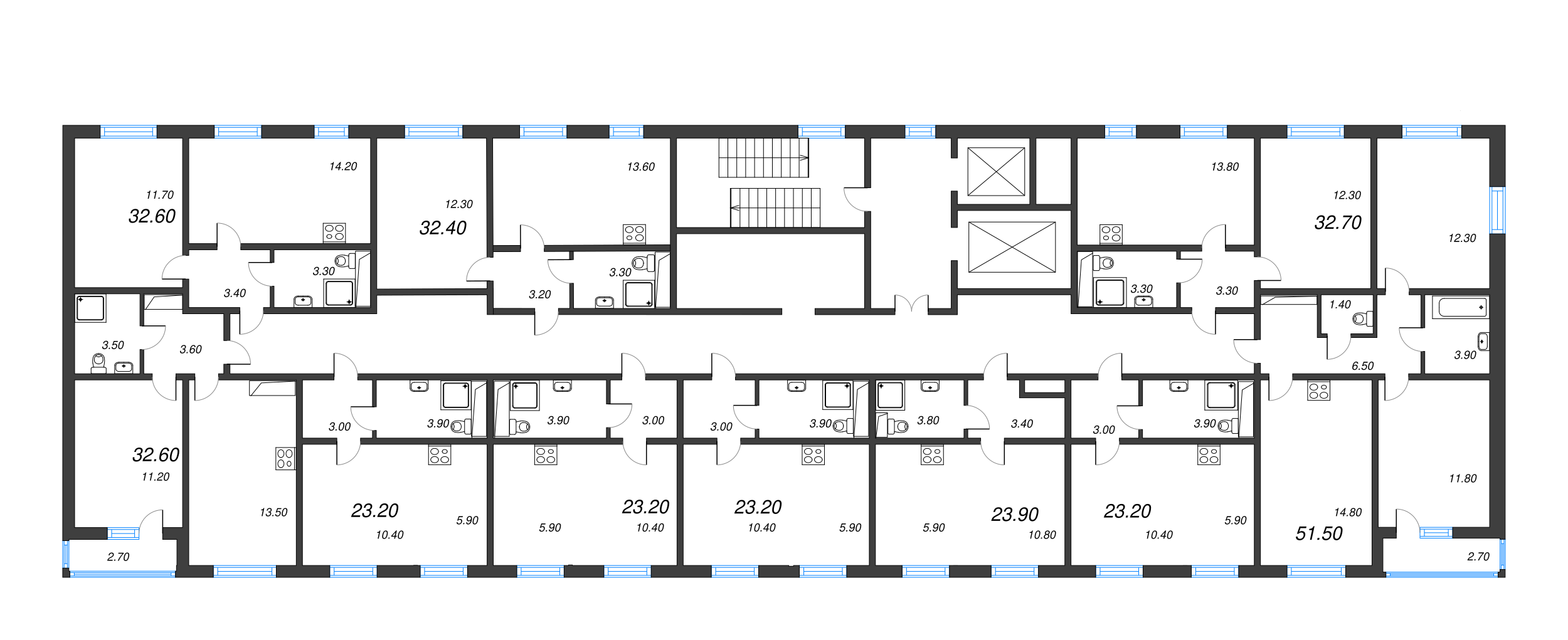2-комнатная квартира, 51.5 м² в ЖК "ЛСР. Ржевский парк" - планировка этажа