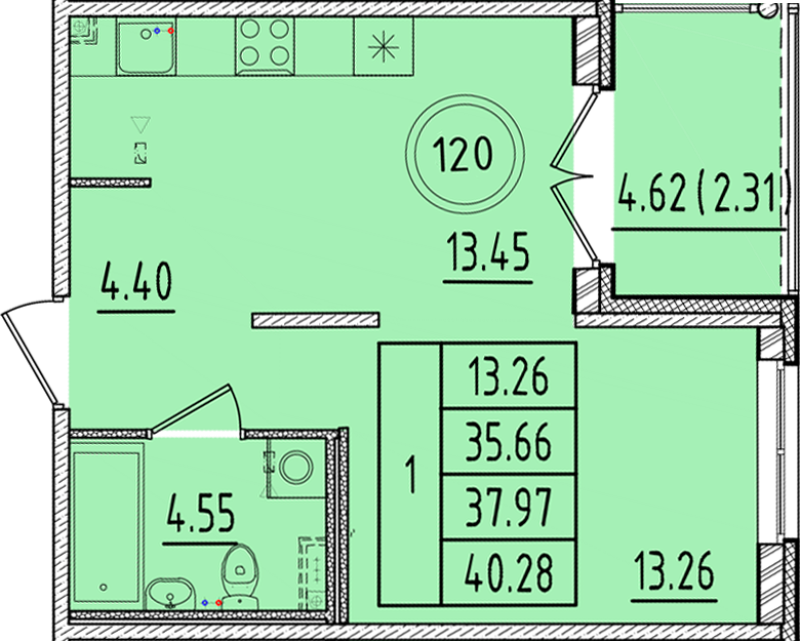 1-комнатная квартира, 35.66 м² в ЖК "Образцовый квартал 17" - планировка, фото №1