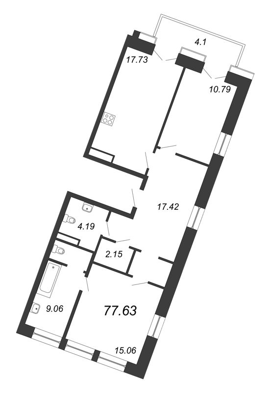 3-комнатная (Евро) квартира, 77.63 м² - планировка, фото №1