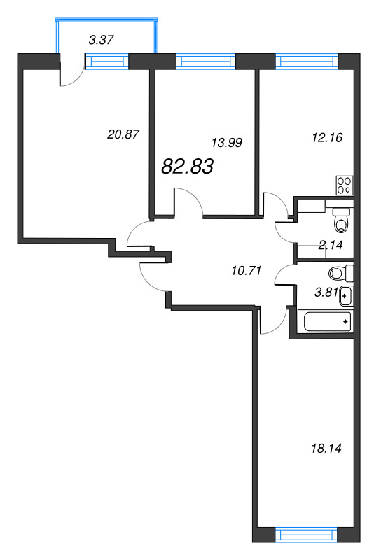 3-комнатная квартира, 81.82 м² в ЖК "OKLA" - планировка, фото №1