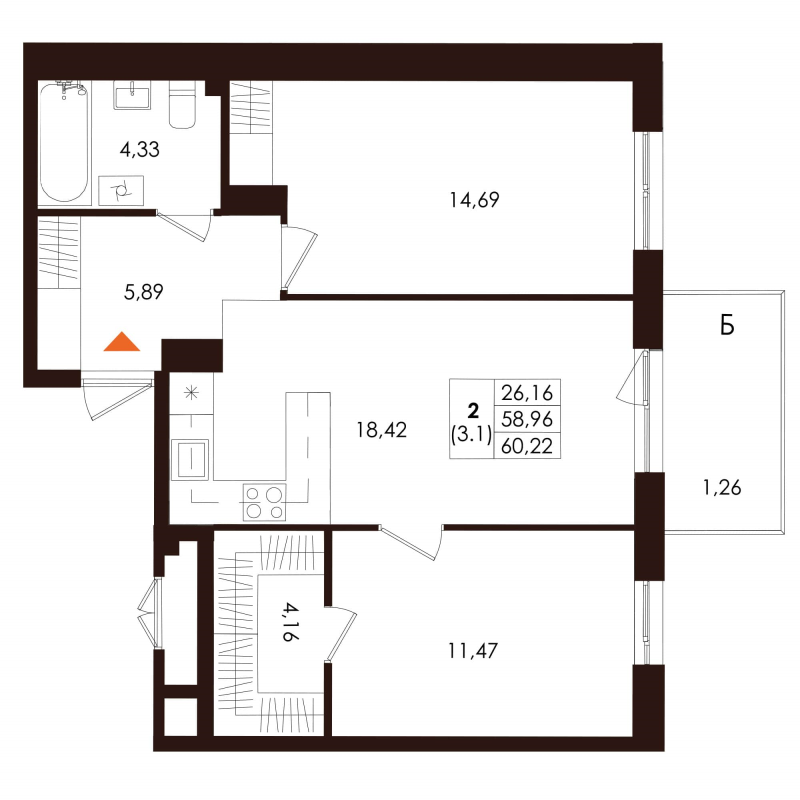 3-комнатная (Евро) квартира, 60.22 м² в ЖК "Лисино" - планировка, фото №1